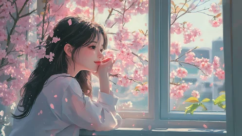 Young woman at window with cherry blossoms in bloom.