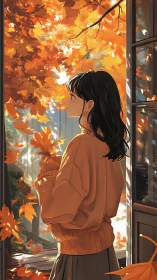 Girl in warm sweater contemplates an autumn garden glow.