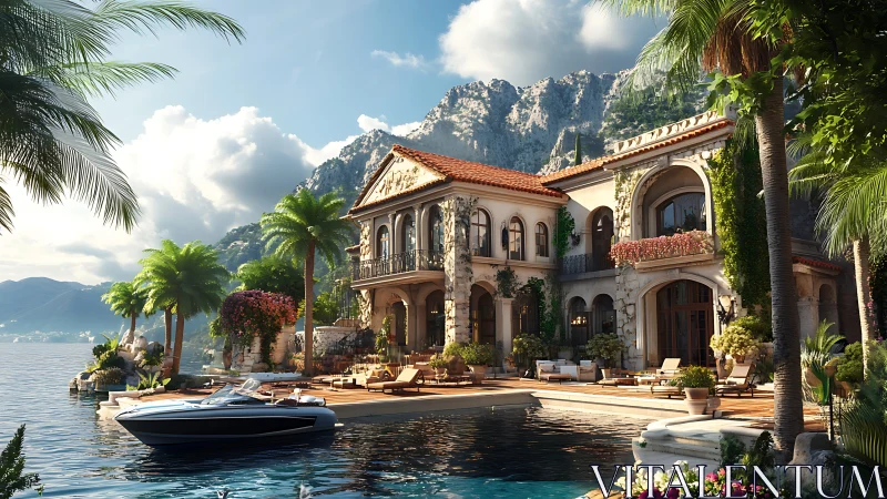 Mediterranean waterfront villa basks in golden coastal light.