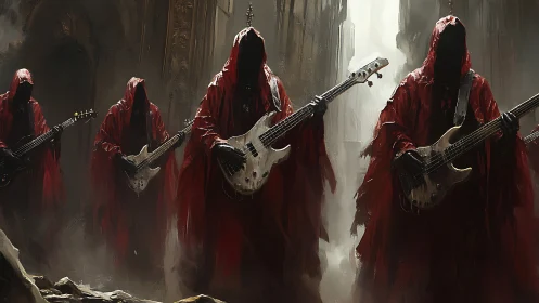 Hooded bass guitar cultists stride through ruined cathedral