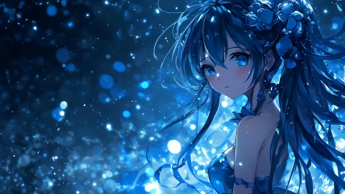 Blue-toned anime girl amid floating light particles.
