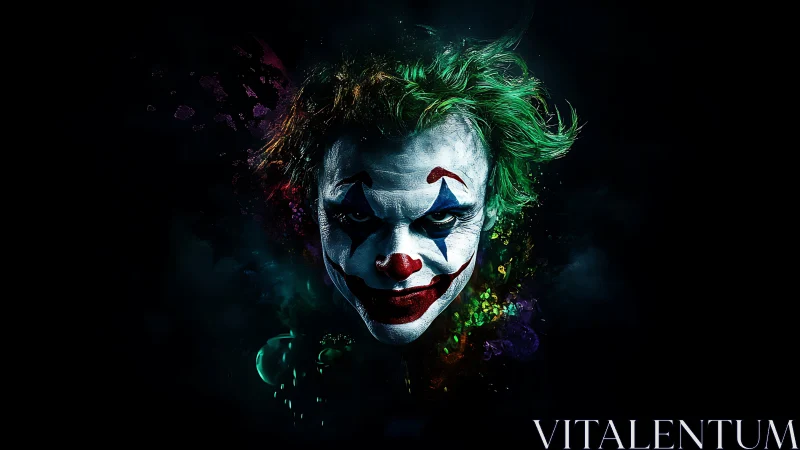 Sinister neon jester emerging from the midnight void.