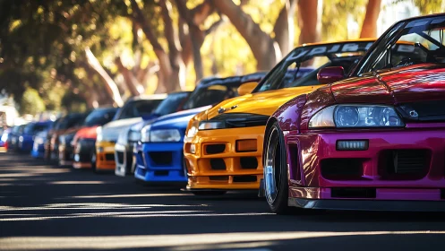 Vibrant tuned sports cars aligned under sunlit trees.
