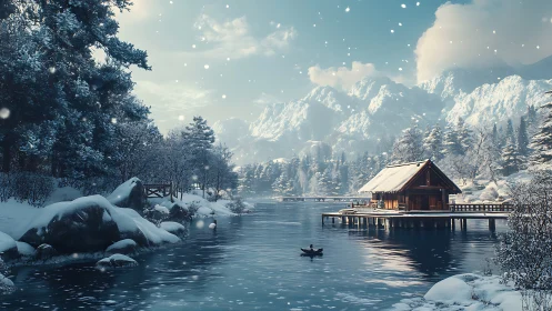 Snow covered lakeside cabin with distant alpine mountains.