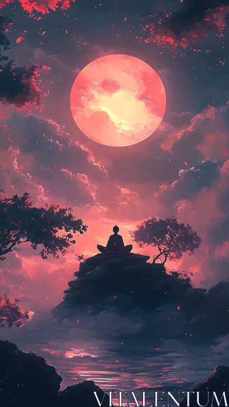 Moonlit meditator above a crimson dreamtide horizon.