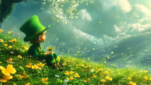 Dreamy leprechaun rests in a glowing spring meadow at dawn