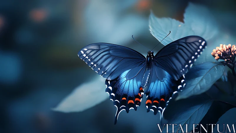 Macro telephoto capture of vivid blue swallowtail butterfly