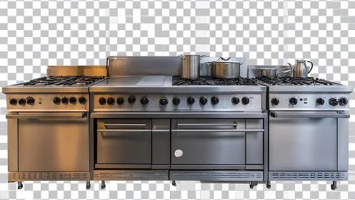 Industrial stainless steel gas range displayed in frontal view