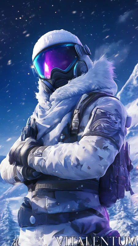 Futuristic arctic operative in reflective visor and white gear.