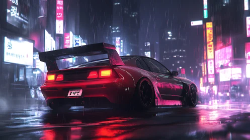 Neon-soaked street racer waits in a futuristic rainy city
