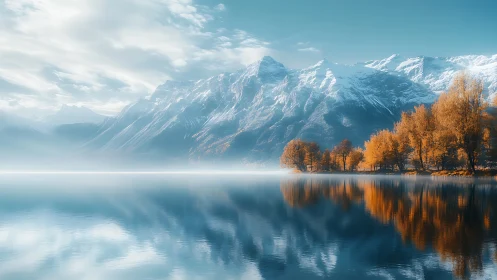 Golden autumn trees greet calm lake and gentle snowy peaks