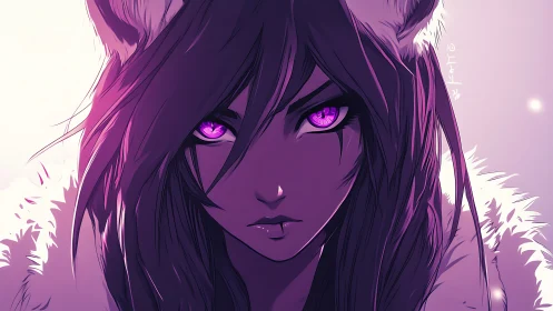 Violet-eyed wolf girl portrait in dramatic rim lighting.