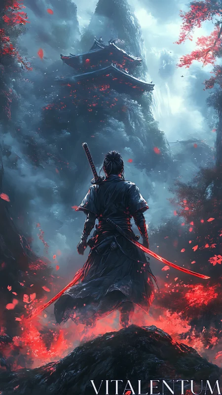 Samurai faces misty temple amid blazing red leaves.