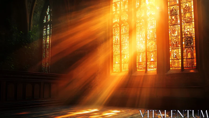 Sunlit stained-glass windows cast radiant golden beams.