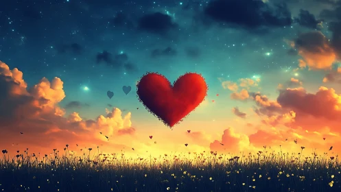 Giant red heart floats above wildflower meadow at sunset