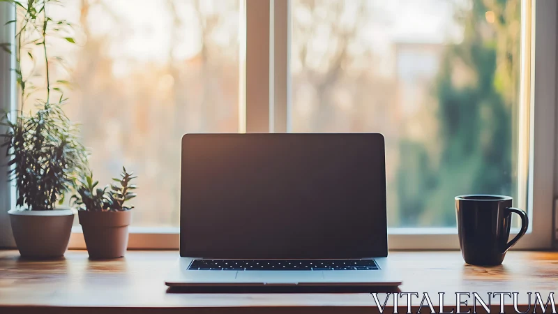 Sunlit laptop workspace framed by plants and quiet coffee.