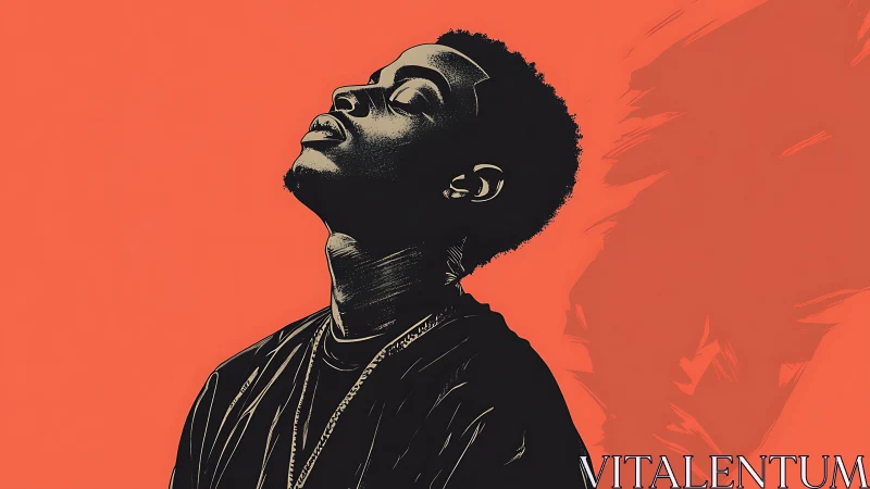 Graphic portrait profile of young man on flat orange field