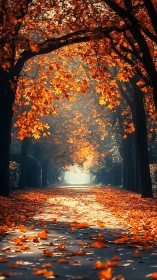 Tree-lined path with fallen orange autumn leaves in sunlight.