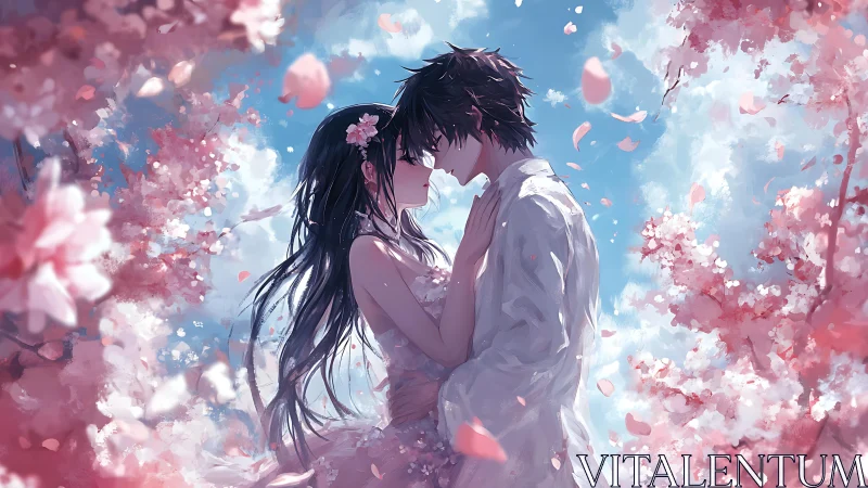 Two figures stand facing each other amid pink blossoms