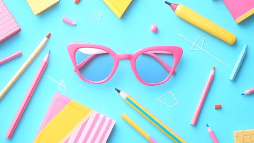 Pink Retro Sunglasses and Colorful Stationery, Pop Art Style.