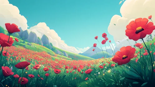 Poppies lean into the breeze while mountains nap beyond