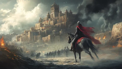 Scarlet-caped knight rides toward a storm-wreathed burning citadel.