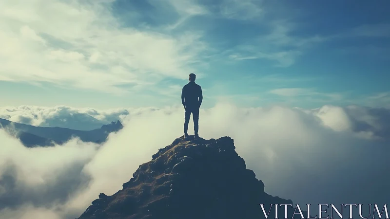 Lone hiker stands above the clouds on a sunlit mountain peak