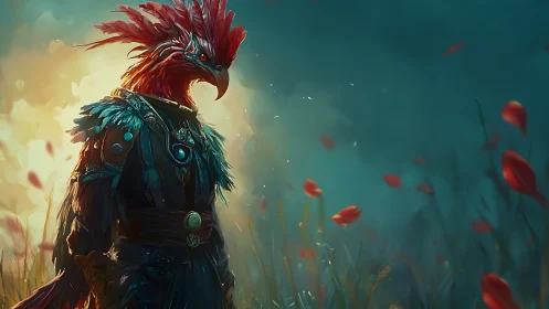 Crimson bird warrior wandering through a dreamlit meadow.