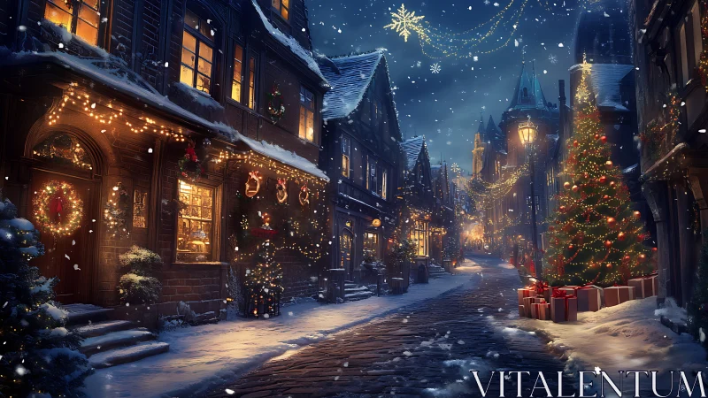 Snowy old town street with Christmas lights and tree.