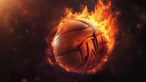 Basketball engulfed in flames with central stylized emblem.