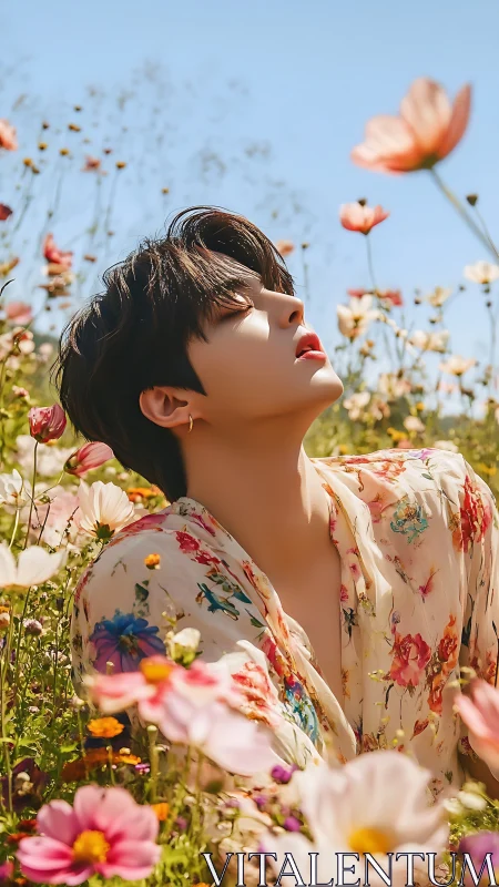 Portrait Study: Ethereal Moment Among Cosmos Flowers.