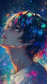 Stargazing youth with rainbow hair glows against cosmic sky