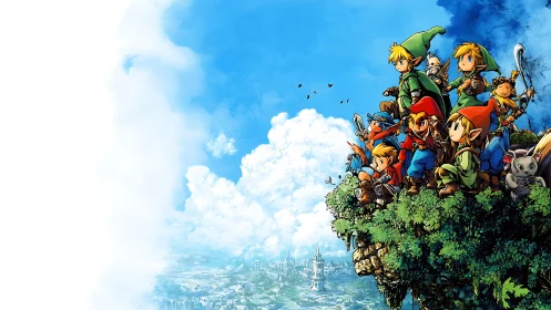 Group of fantasy characters stands on cliff above distant city