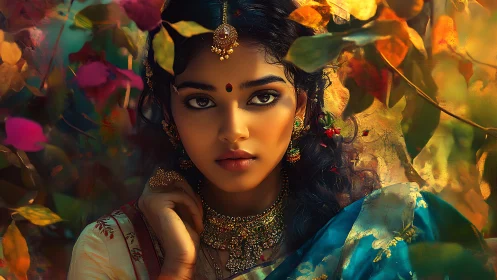 Indian woman in jeweled sari amid glowing autumn foliage.