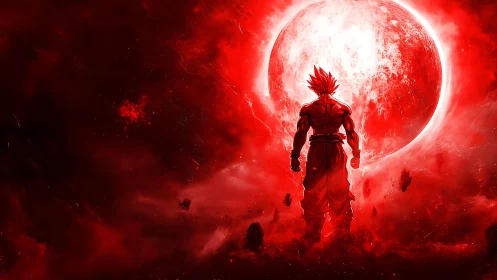 Red-lit muscular figure stands before large glowing celestial body