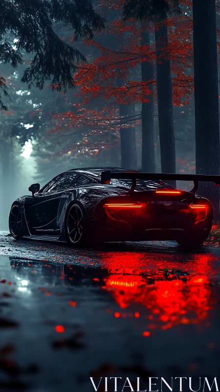Supercar with rear wing parked on wet forest road at dusk