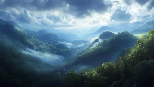Mountain Valley with Mist and Layered Forest Coverage
