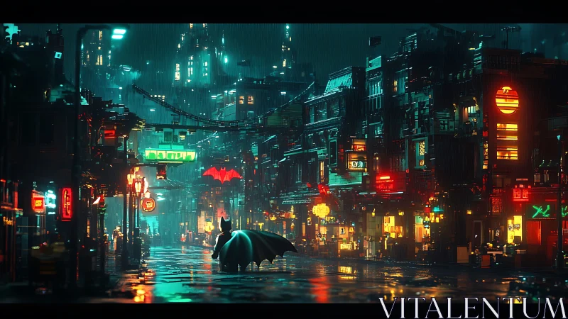 Caped figure stands in neon city street under heavy rain
