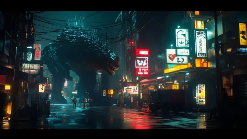 Giant reptilian creature in rainy neon lit urban street scene.