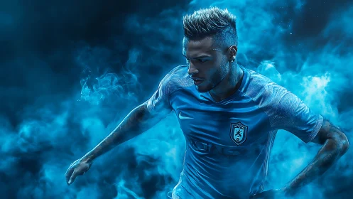 Dynamic soccer player sprinting through vivid blue smoke