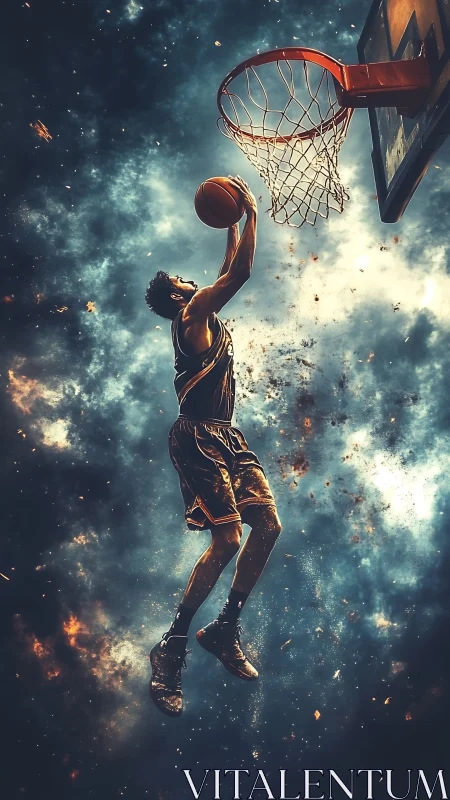 Basketball player dunks ball against dramatic cosmic sky backdrop