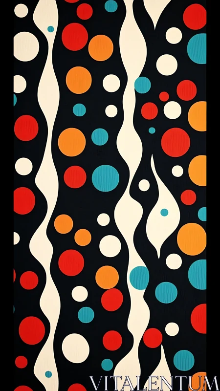 Bold circle pattern with wavy cream stripes on black.