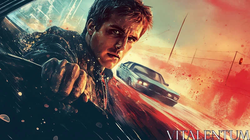 Brooding driver races through neon-soaked city streets