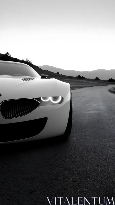 Sleek white sports car curves into empty mountain road.