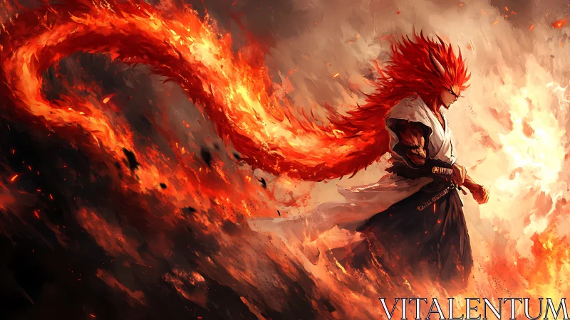 Fiery warrior strides through swirling flames with calm focus.