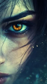 Golden gaze of mystery in a storm of teal shadows.