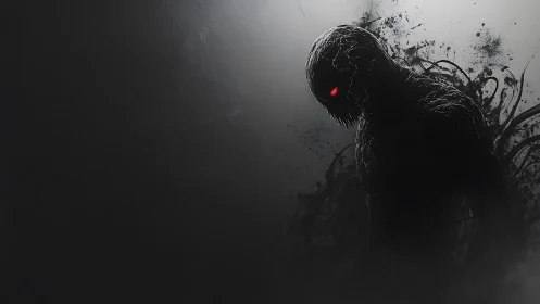 Shadow entity with red bioluminescent eyes in high contrast fog