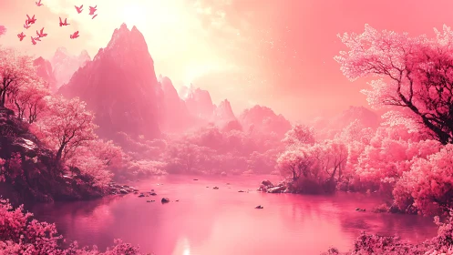 Pink monochrome fantasy mountains and river at sunrise.