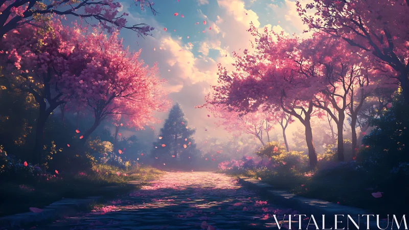 Sunlit cherry blossom path under soft pastel sky.