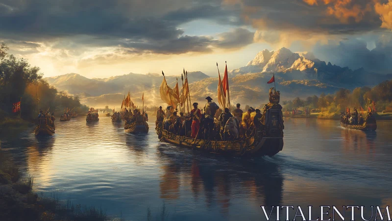 Stately river flotilla glides toward sunlit mountain kingdom